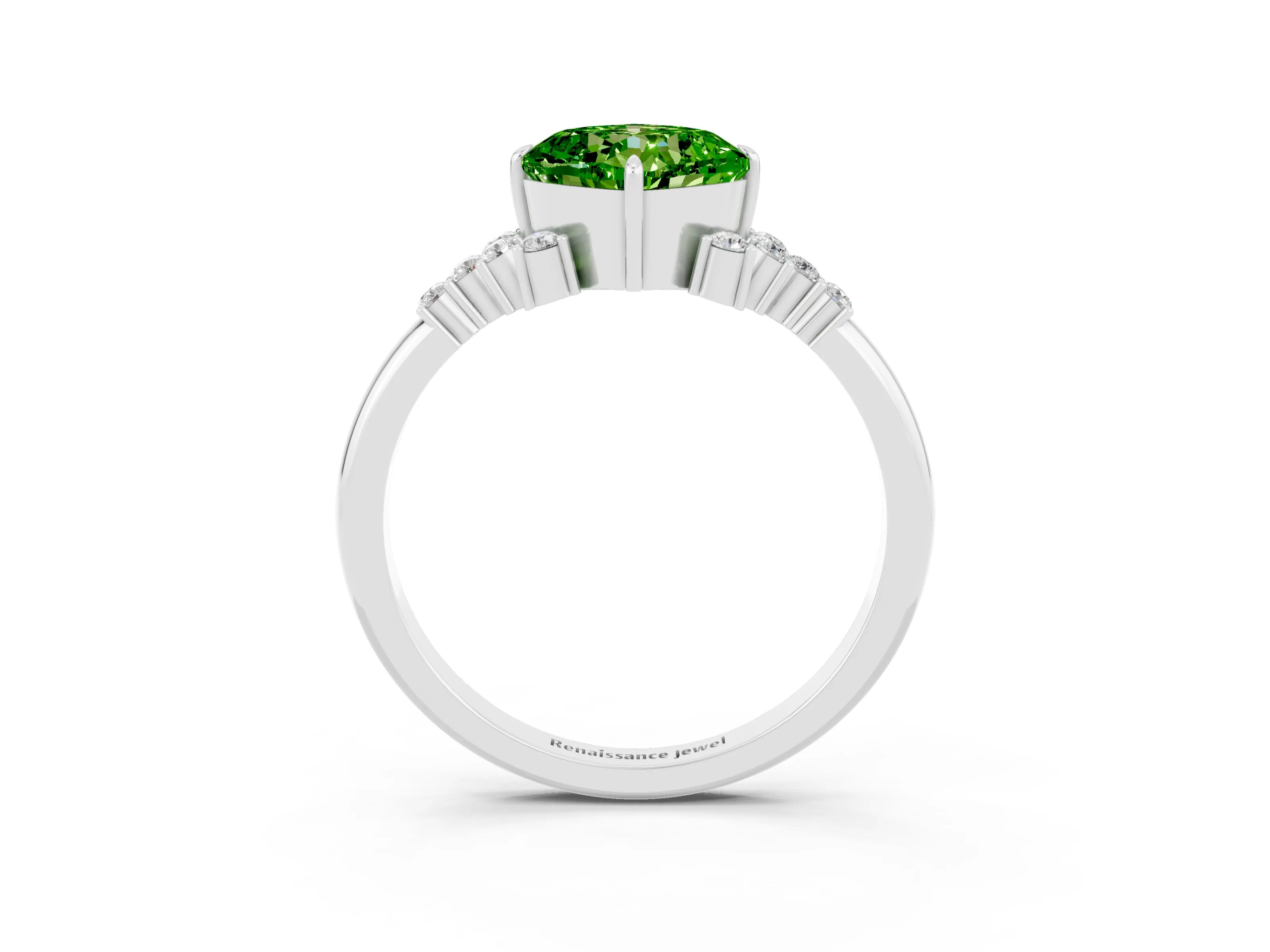 White gold Cushion Cut Peridot Ring with Side Stones and Four-Prong Setting_39
