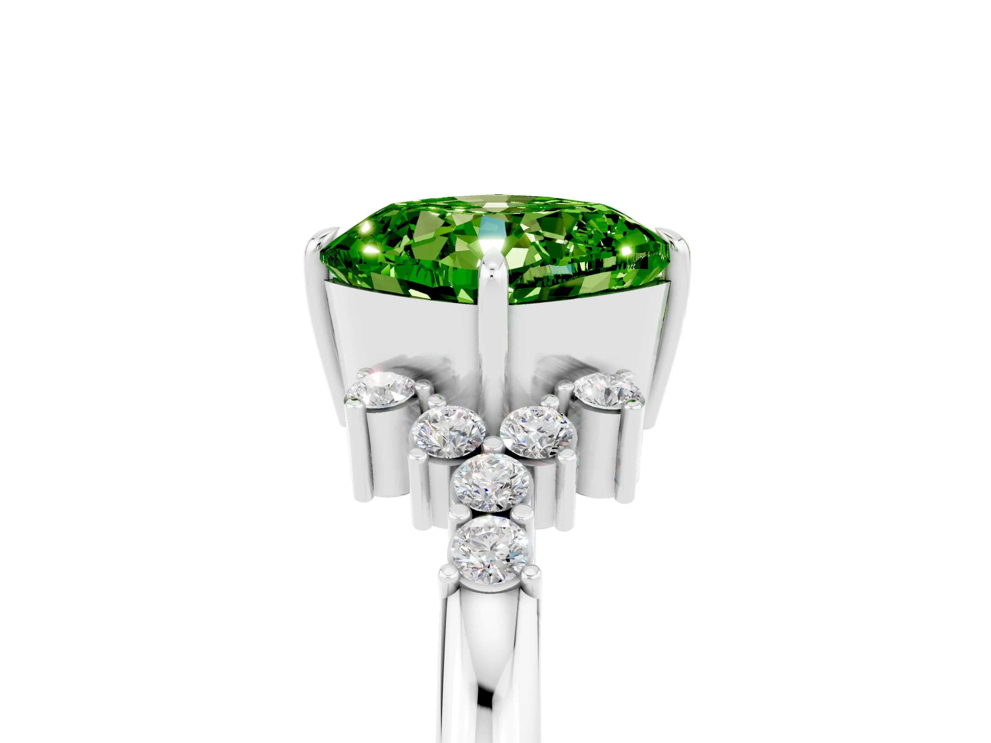 White gold Cushion Cut Peridot Ring with Side Stones and Four-Prong Setting_41
