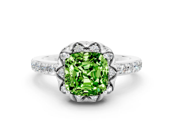 Silver Cushion Cut Peridot Scalloped Halo Engagement Ring with Round Shared Prong Band