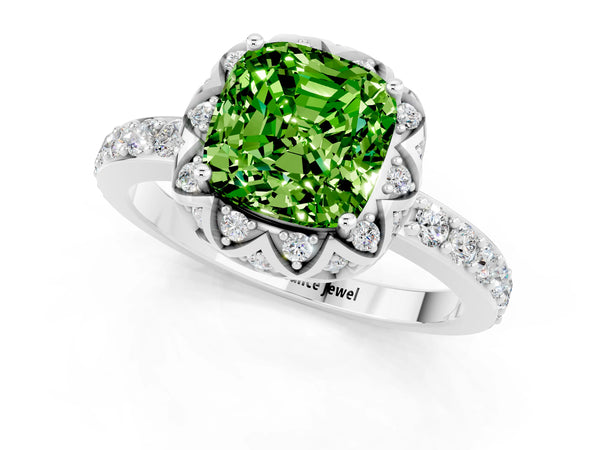 White gold Cushion Cut Peridot Scalloped Halo Engagement Ring with Round Shared Prong Band