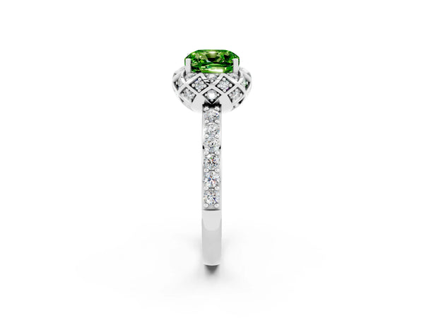 White gold Cushion Cut Peridot Scalloped Halo Engagement Ring with Round Shared Prong Band