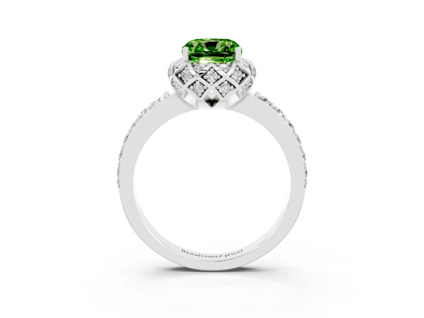 Platinum Cushion Cut Peridot Scalloped Halo Engagement Ring with Round Shared Prong Band
