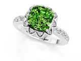 White gold Cushion Cut Peridot Scalloped Halo Engagement Ring with Round Shared Prong Band_25
