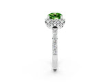 White gold Cushion Cut Peridot Scalloped Halo Engagement Ring with Round Shared Prong Band_26