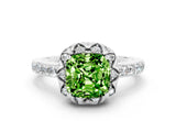 White gold Cushion Cut Peridot Scalloped Halo Engagement Ring with Round Shared Prong Band_36