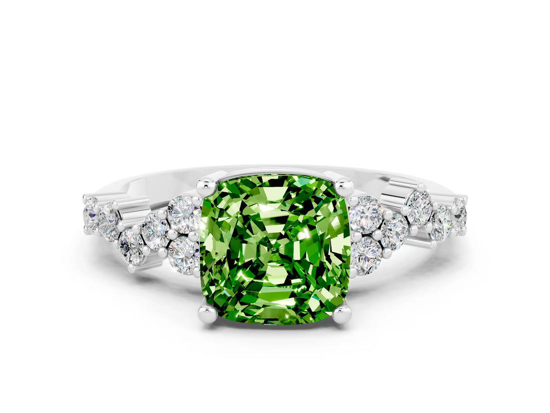 White gold Cushion Cut Peridot Scattered Round Accent Ring with Prong Setting_36