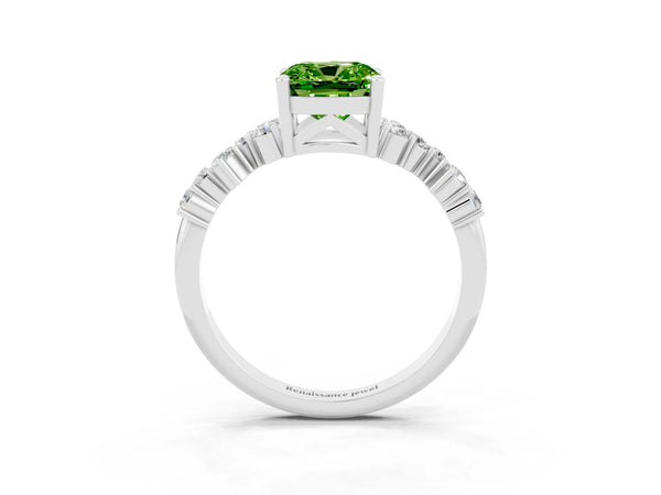 White gold Cushion Cut Peridot Scattered Round Accent Ring with Prong Setting