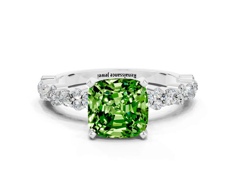 White gold Cushion Cut Peridot Side Stone Solitaire Ring with Round  and Four-Prong Setting_48