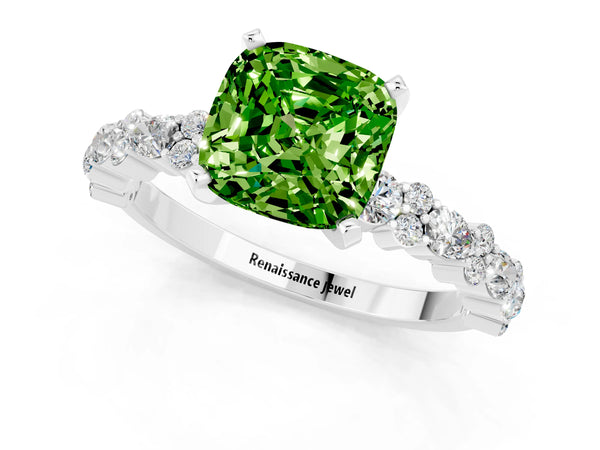 Platinum Cushion Cut Peridot Side Stone Solitaire Ring with Round  and Four-Prong Setting