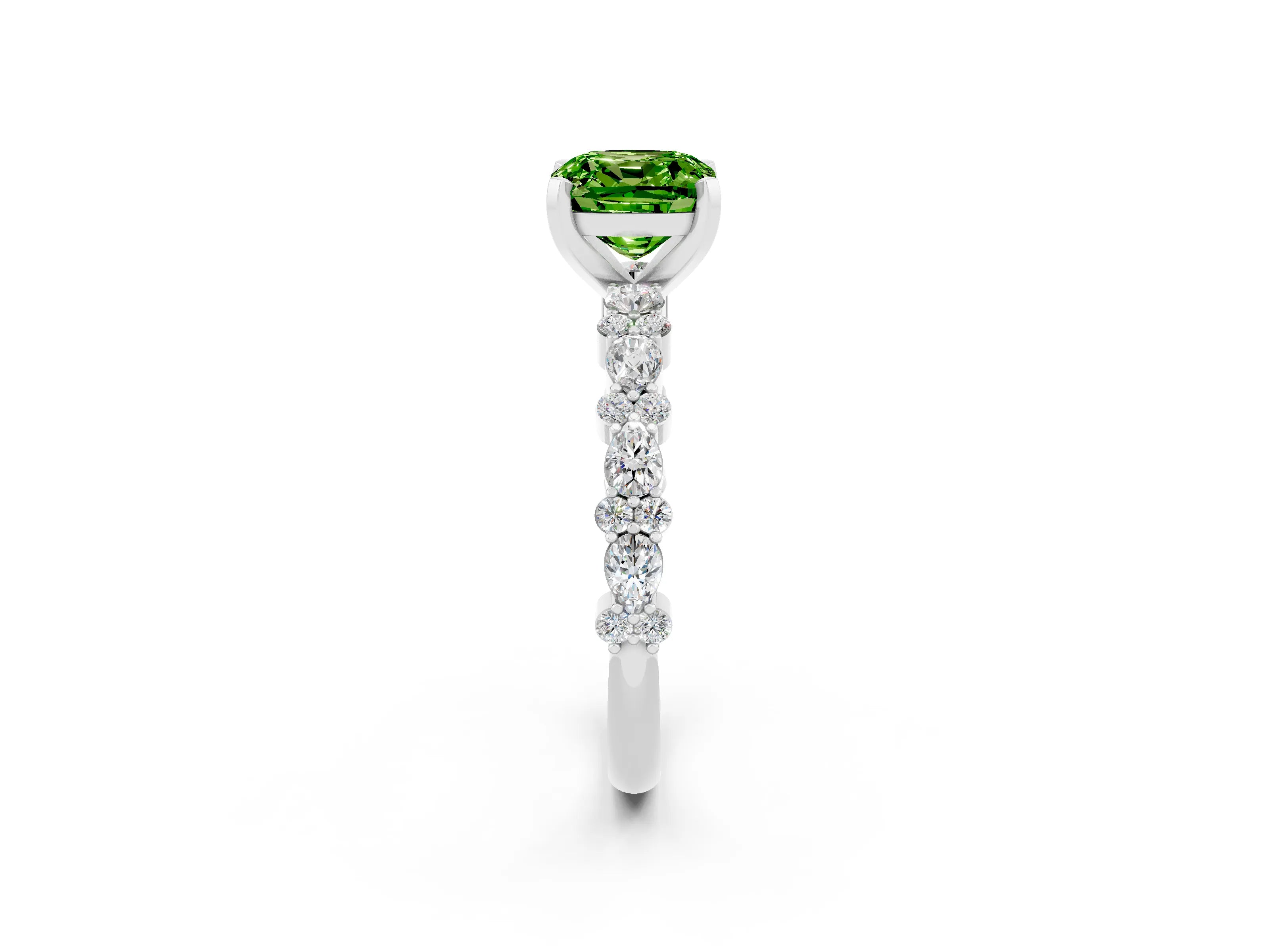 White gold Cushion Cut Peridot Side Stone Solitaire Ring with Round  and Four-Prong Setting_50