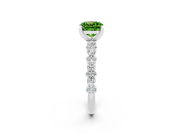 Platinum Cushion Cut Peridot Side Stone Solitaire Ring with Round  and Four-Prong Setting
