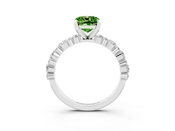 White gold Cushion Cut Peridot Side Stone Solitaire Ring with Round  and Four-Prong Setting