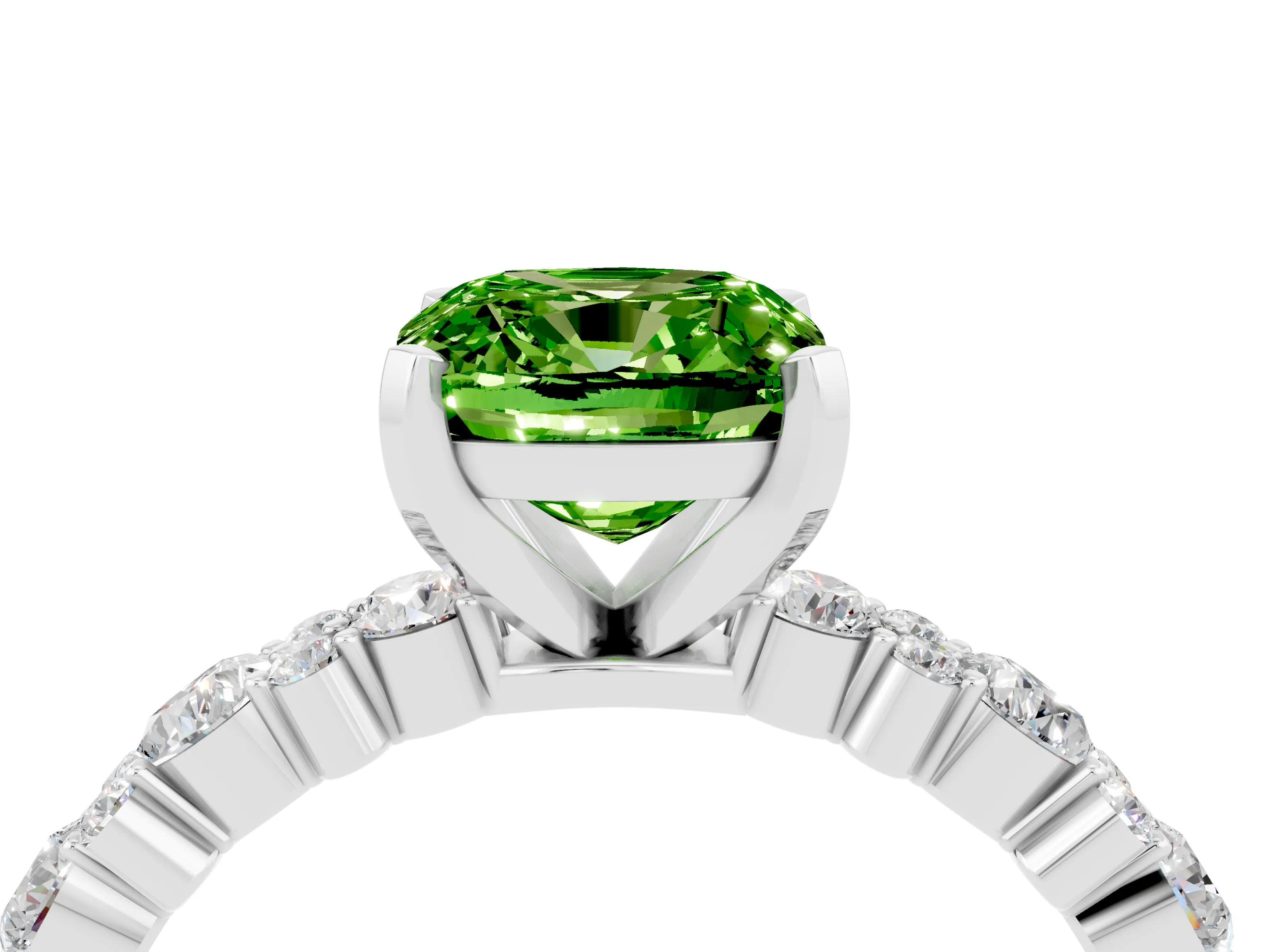 White gold Cushion Cut Peridot Side Stone Solitaire Ring with Round  and Four-Prong Setting_52