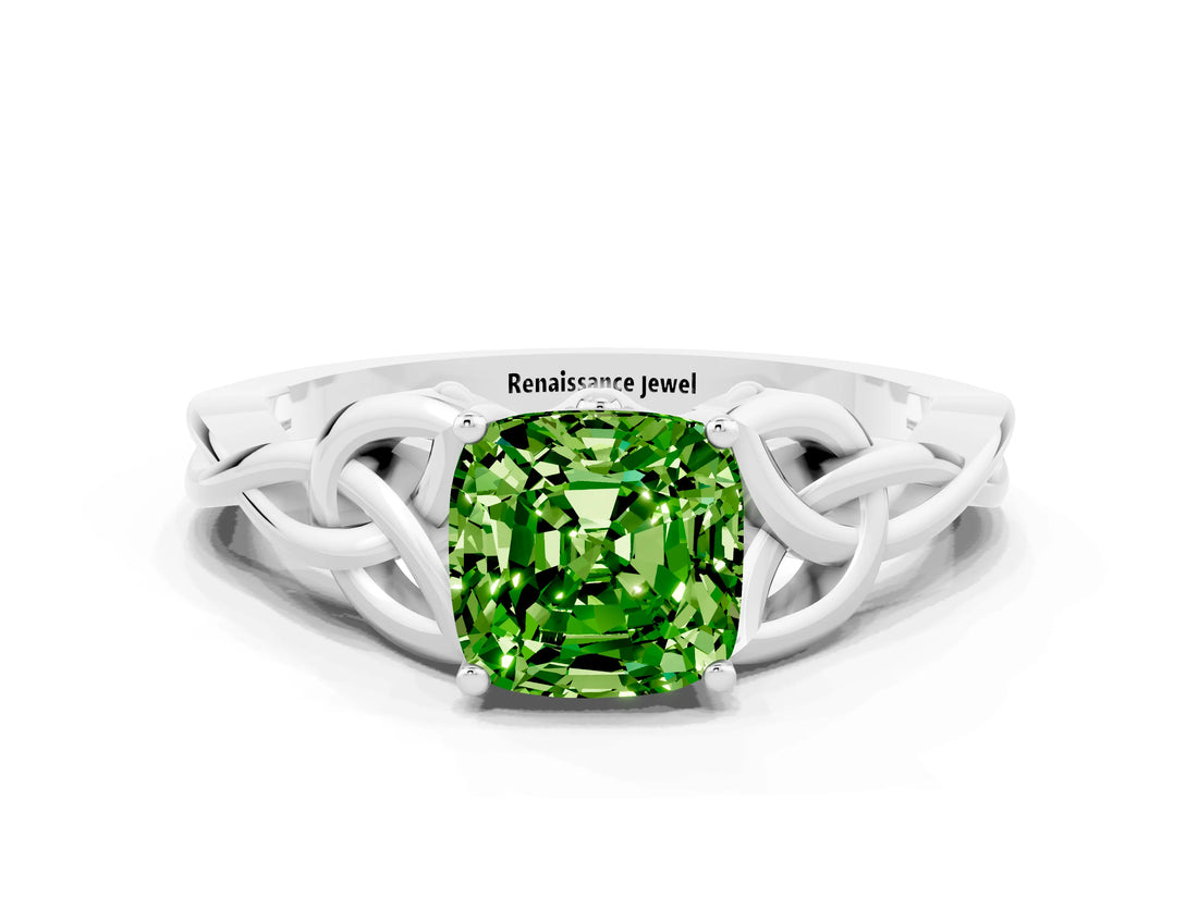 White gold Cushion Cut Peridot Solitaire Celtic Knot Ring with Four-Prong Setting_12