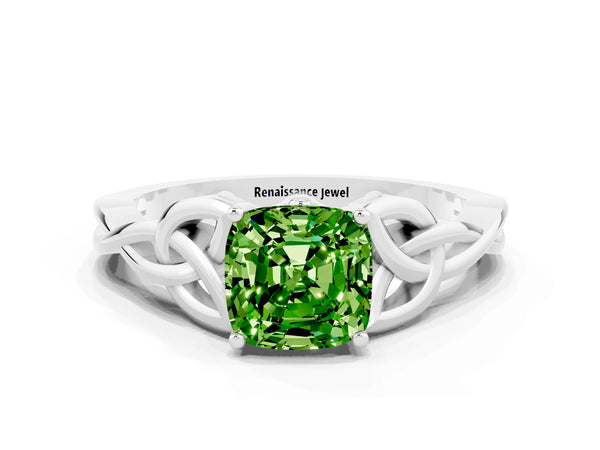 White gold Cushion Cut Peridot Solitaire Celtic Knot Ring with Four-Prong Setting