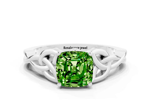 White gold Cushion Cut Peridot Solitaire Celtic Knot Ring with Four-Prong Setting_12