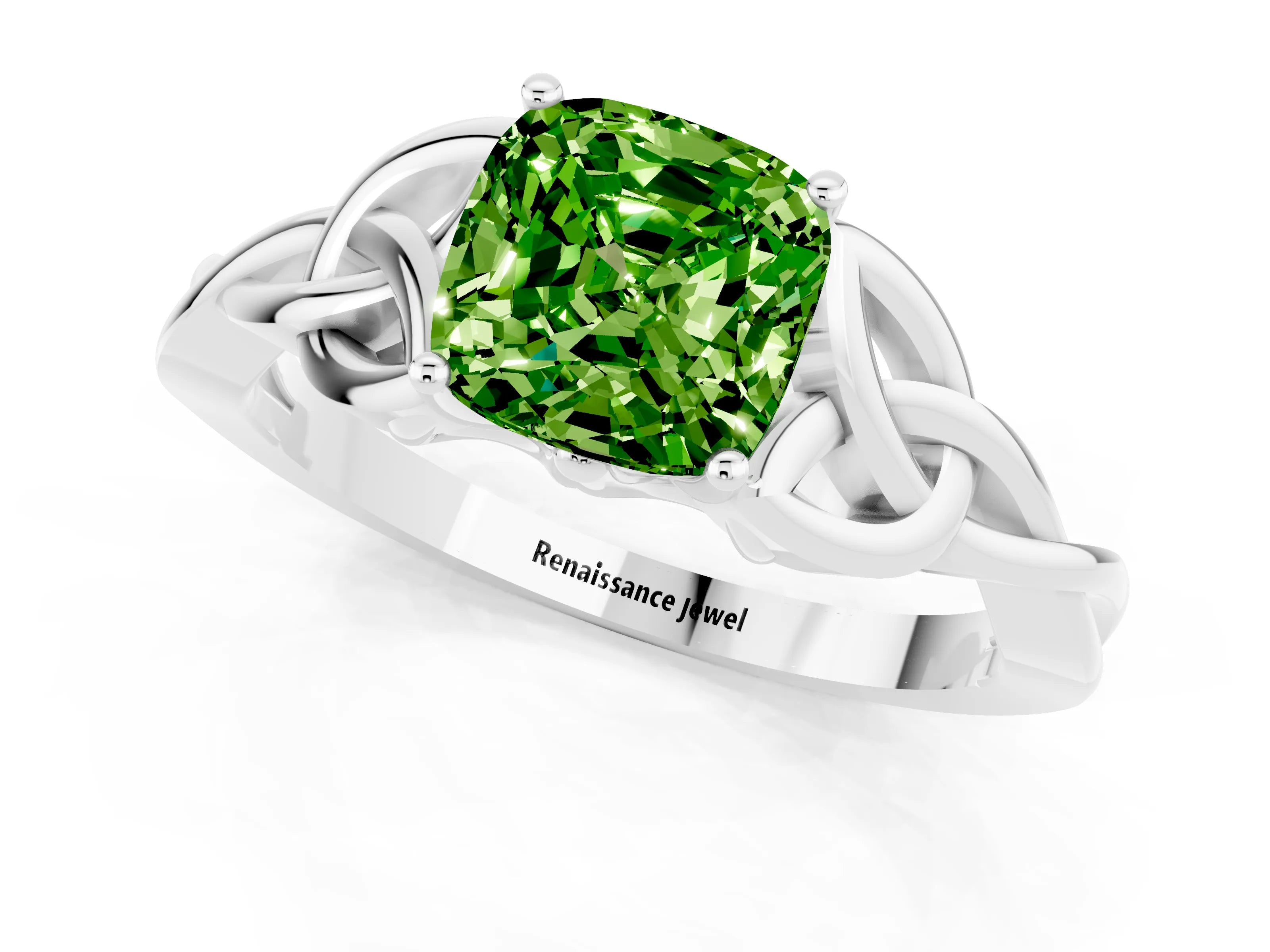 White gold Cushion Cut Peridot Solitaire Celtic Knot Ring with Four-Prong Setting_13