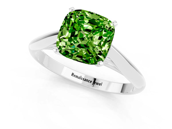 Platinum Cushion Cut Peridot Solitaire Engagement Ring with Cathedral Setting and Four-Prong Mount