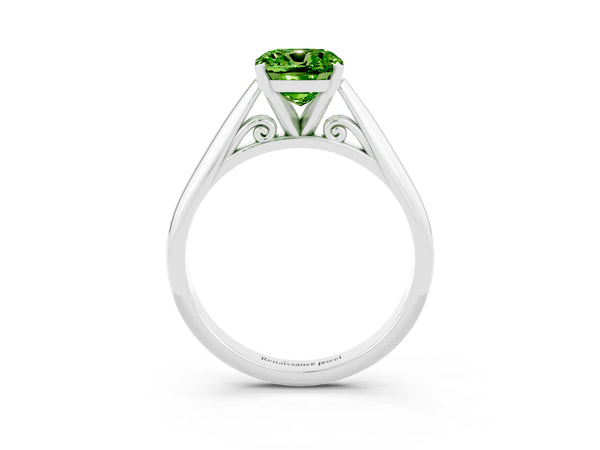 Silver Cushion Cut Peridot Solitaire Engagement Ring with Cathedral Setting and Four-Prong Mount