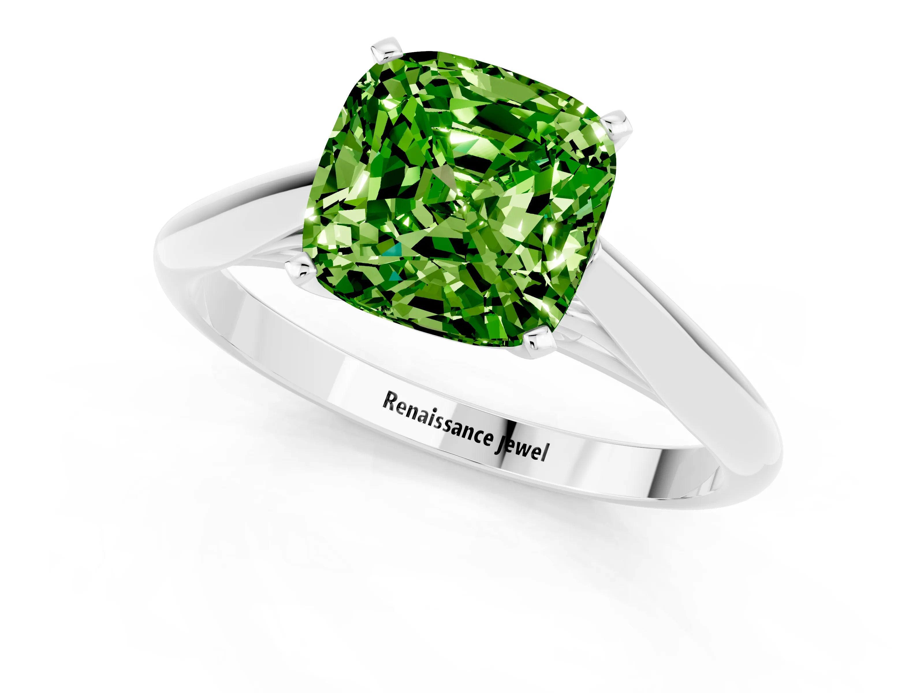 White gold Cushion Cut Peridot Solitaire Engagement Ring with Cathedral Setting and Four-Prong Mount_25