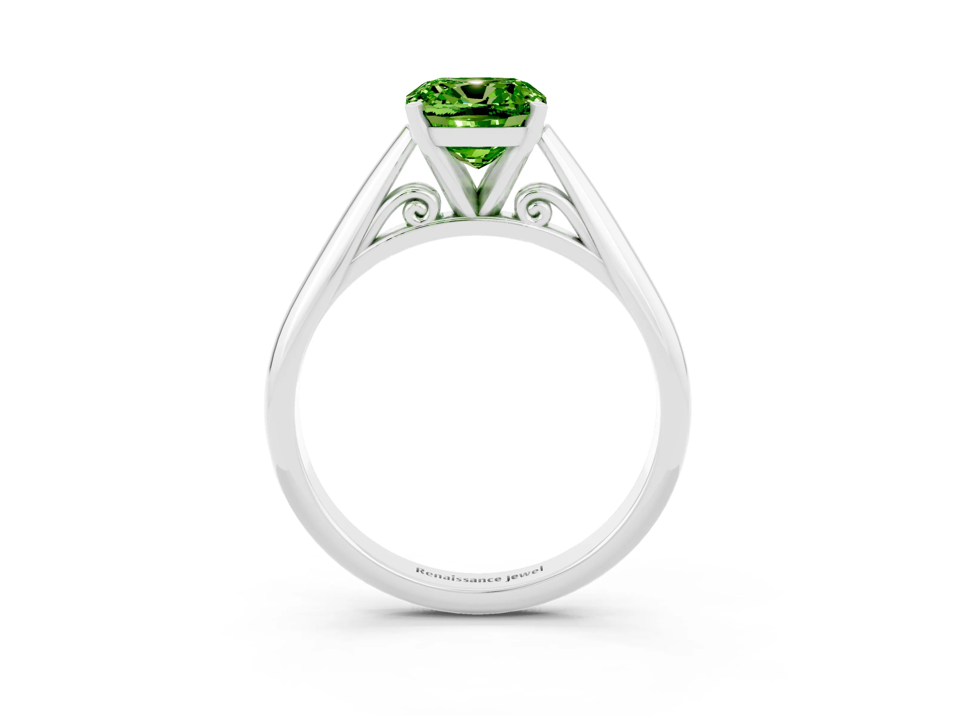 White gold Cushion Cut Peridot Solitaire Engagement Ring with Cathedral Setting and Four-Prong Mount_27