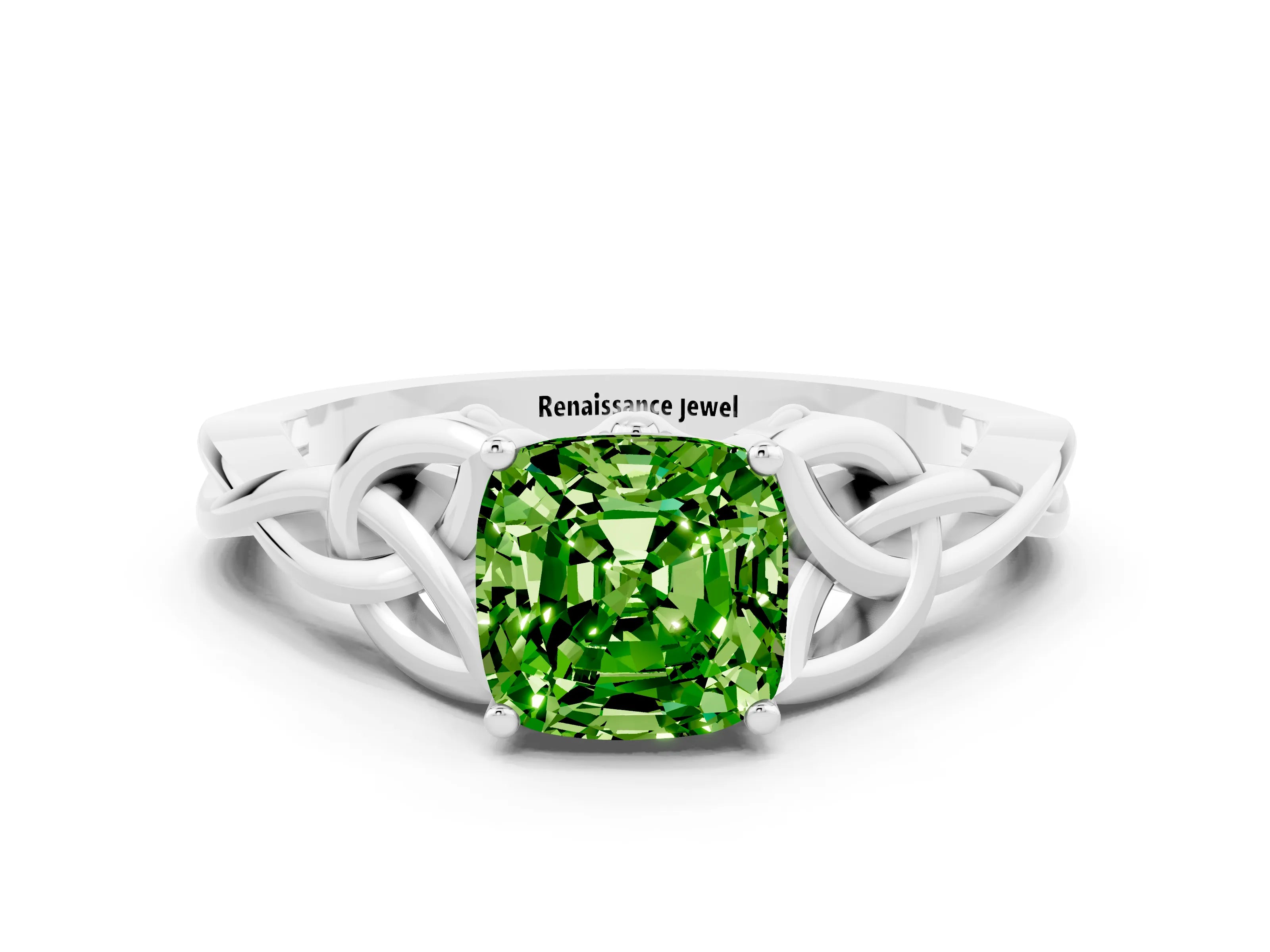 White gold Cushion Cut Peridot Solitaire Engagement Ring with Celtic Knot Band and Four-Prong Setting