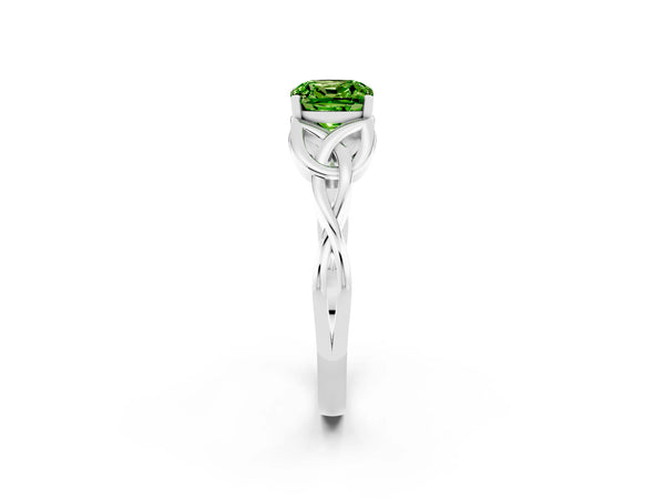 Silver Cushion Cut Peridot Solitaire Engagement Ring with Celtic Knot Band and Four-Prong Setting
