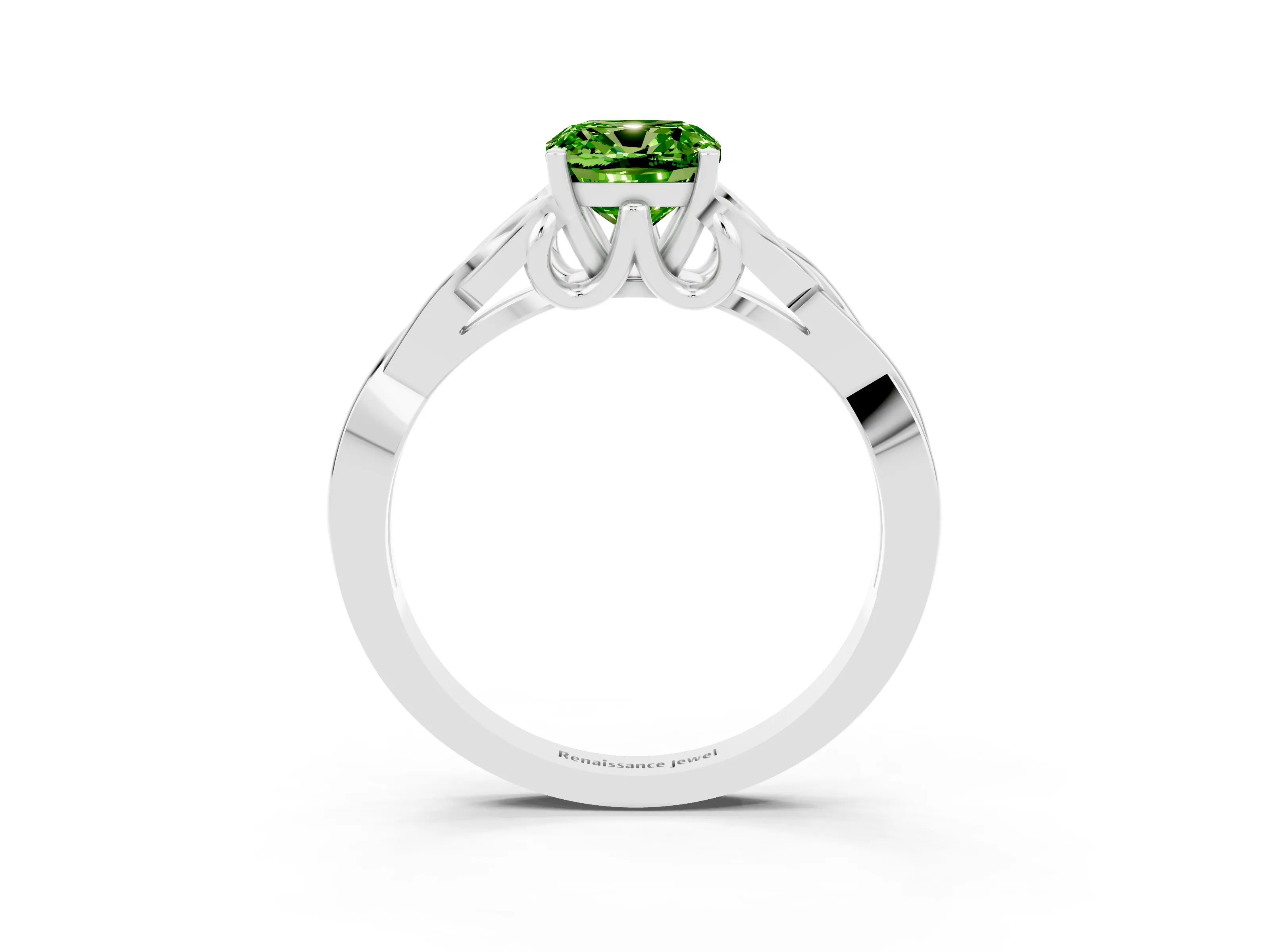 White gold Cushion Cut Peridot Solitaire Engagement Ring with Celtic Knot Band and Four-Prong Setting_3