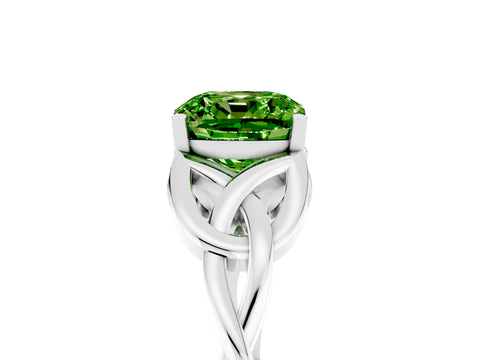White gold Cushion Cut Peridot Solitaire Engagement Ring with Celtic Knot Band and Four-Prong Setting_5