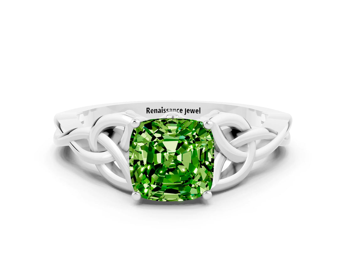 White gold Cushion Cut Peridot Solitaire Engagement Ring with Celtic Knot Band and Four-Prong Setting