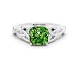 White gold Cushion Cut Peridot Solitaire Engagement Ring with Celtic Knot Band and Four-Prong Setting