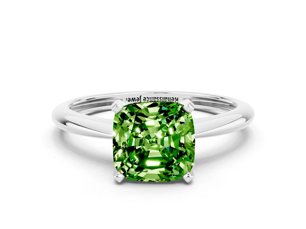 White gold Cushion Cut Peridot Solitaire Engagement Ring with Classic Band and Four-Prong Setting