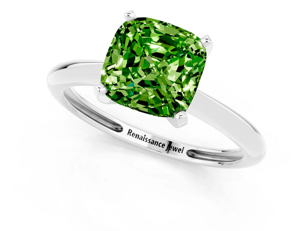 White gold Cushion Cut Peridot Solitaire Engagement Ring with Classic Band and Four-Prong Setting