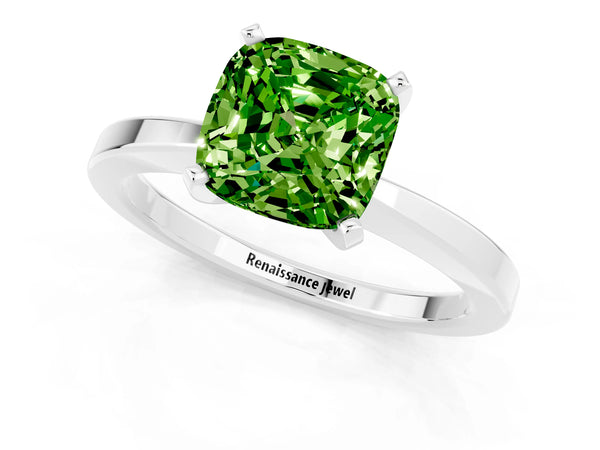 White gold Cushion Cut Peridot Solitaire Engagement Ring with Classic Band and Four-Prong Setting