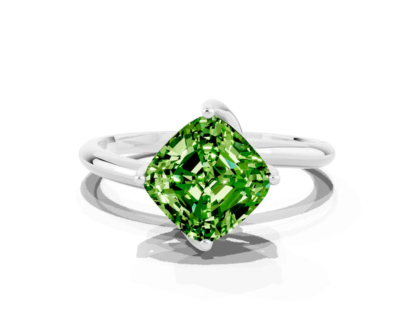 Silver Cushion Cut Peridot Solitaire Engagement Ring with Four-Prong Setting and Classic Band