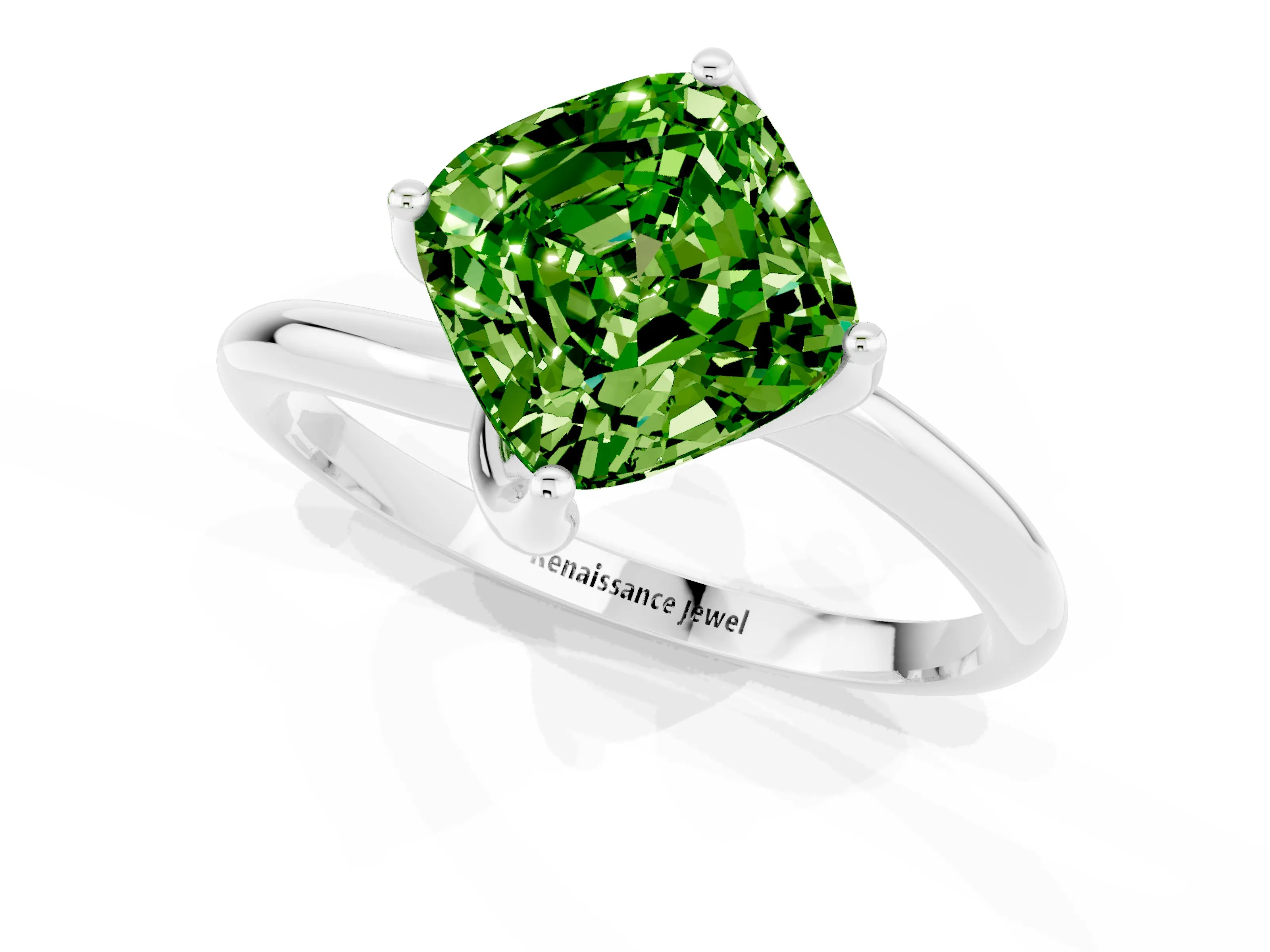 White gold Cushion Cut Peridot Solitaire Engagement Ring with Four-Prong Setting and Classic Band_13