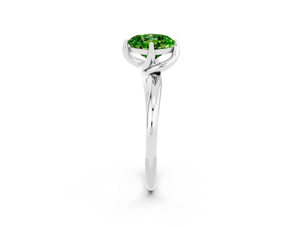 Silver Cushion Cut Peridot Solitaire Engagement Ring with Four-Prong Setting and Classic Band