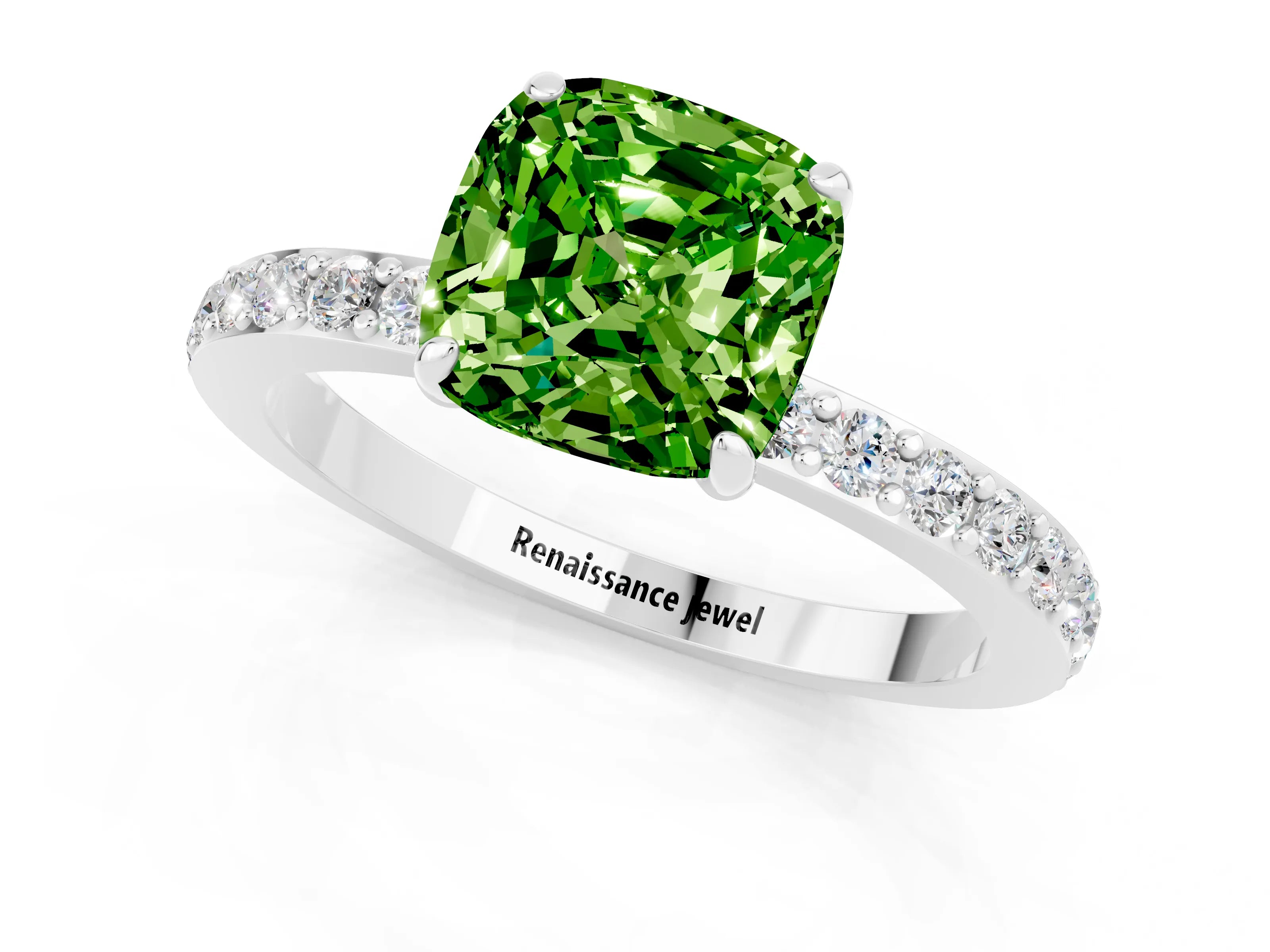 White gold Cushion Cut Peridot Solitaire Engagement Ring with Pavé Band and Four-Prong Setting_1