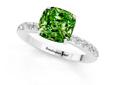 White gold Cushion Cut Peridot Solitaire Engagement Ring with Pavé Band and Four-Prong Setting_1