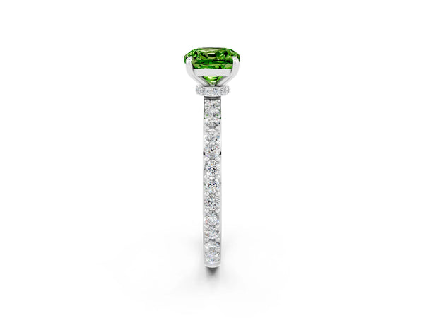 Platinum Cushion Cut Peridot Solitaire Engagement Ring with Pavé Band and Four-Prong Setting