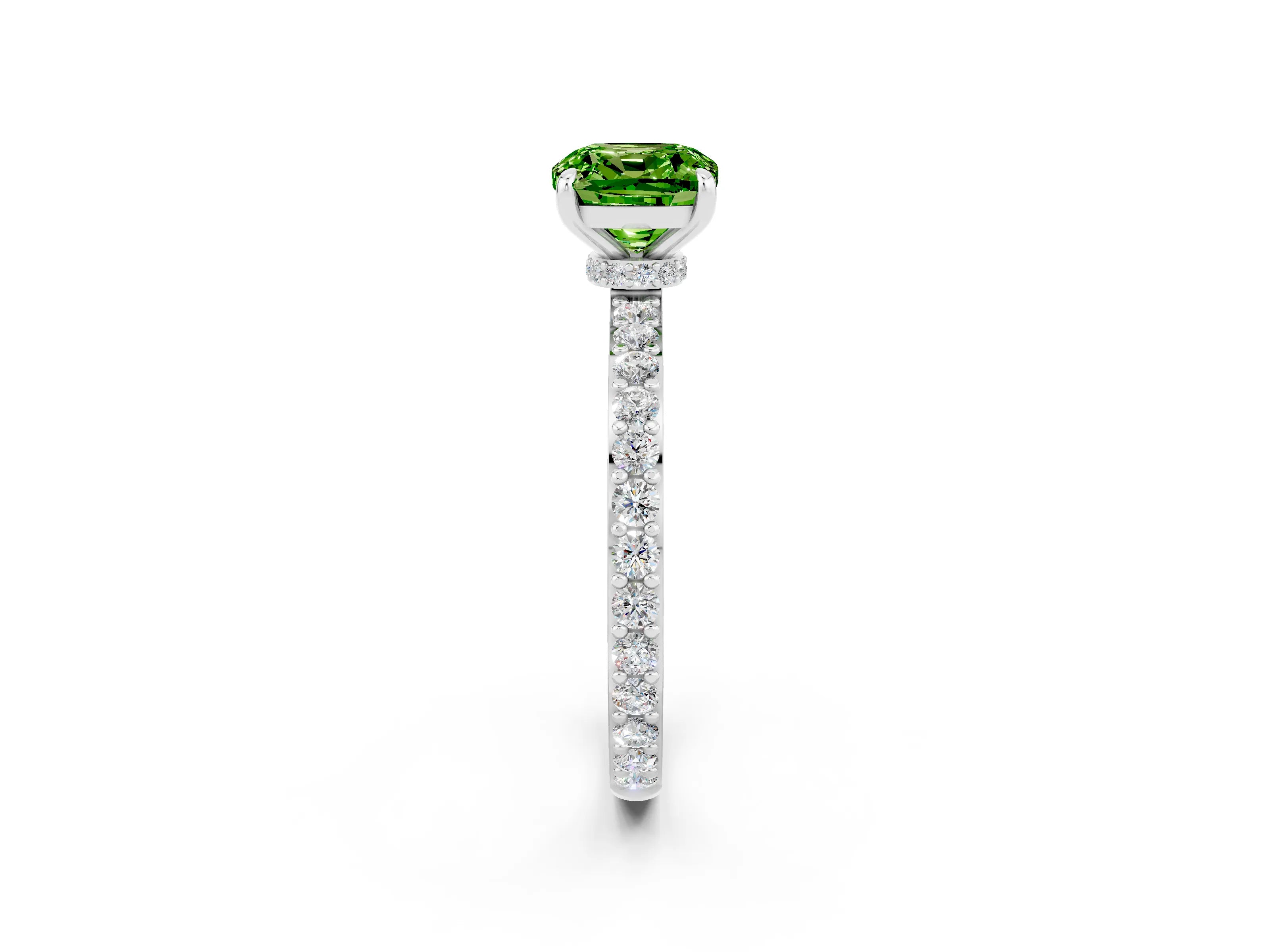 White gold Cushion Cut Peridot Solitaire Engagement Ring with Pavé Band and Four-Prong Setting_2