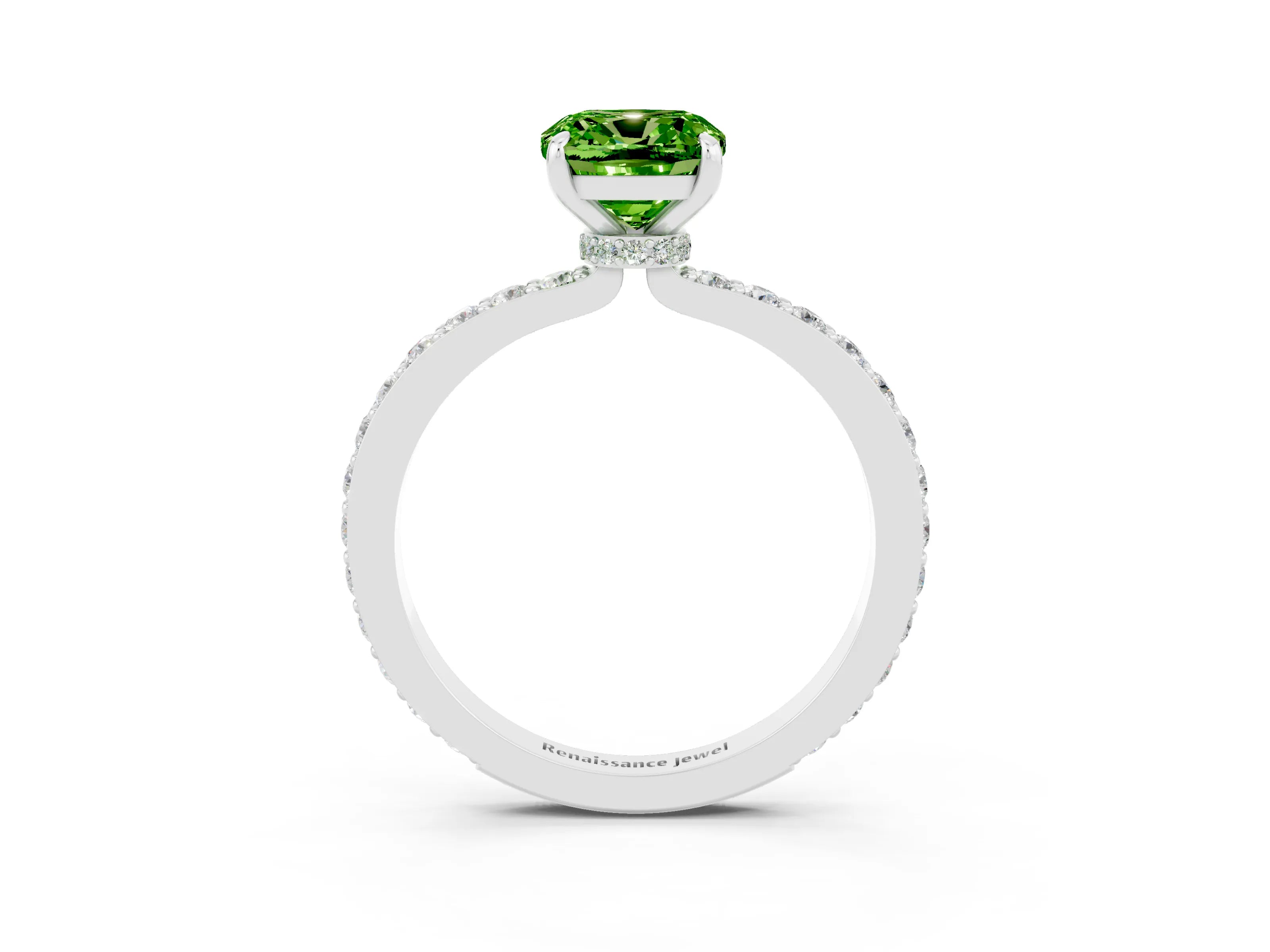 White gold Cushion Cut Peridot Solitaire Engagement Ring with Pavé Band and Four-Prong Setting_3
