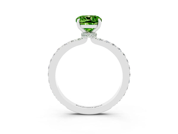 White gold Cushion Cut Peridot Solitaire Engagement Ring with Pavé Band and Four-Prong Setting