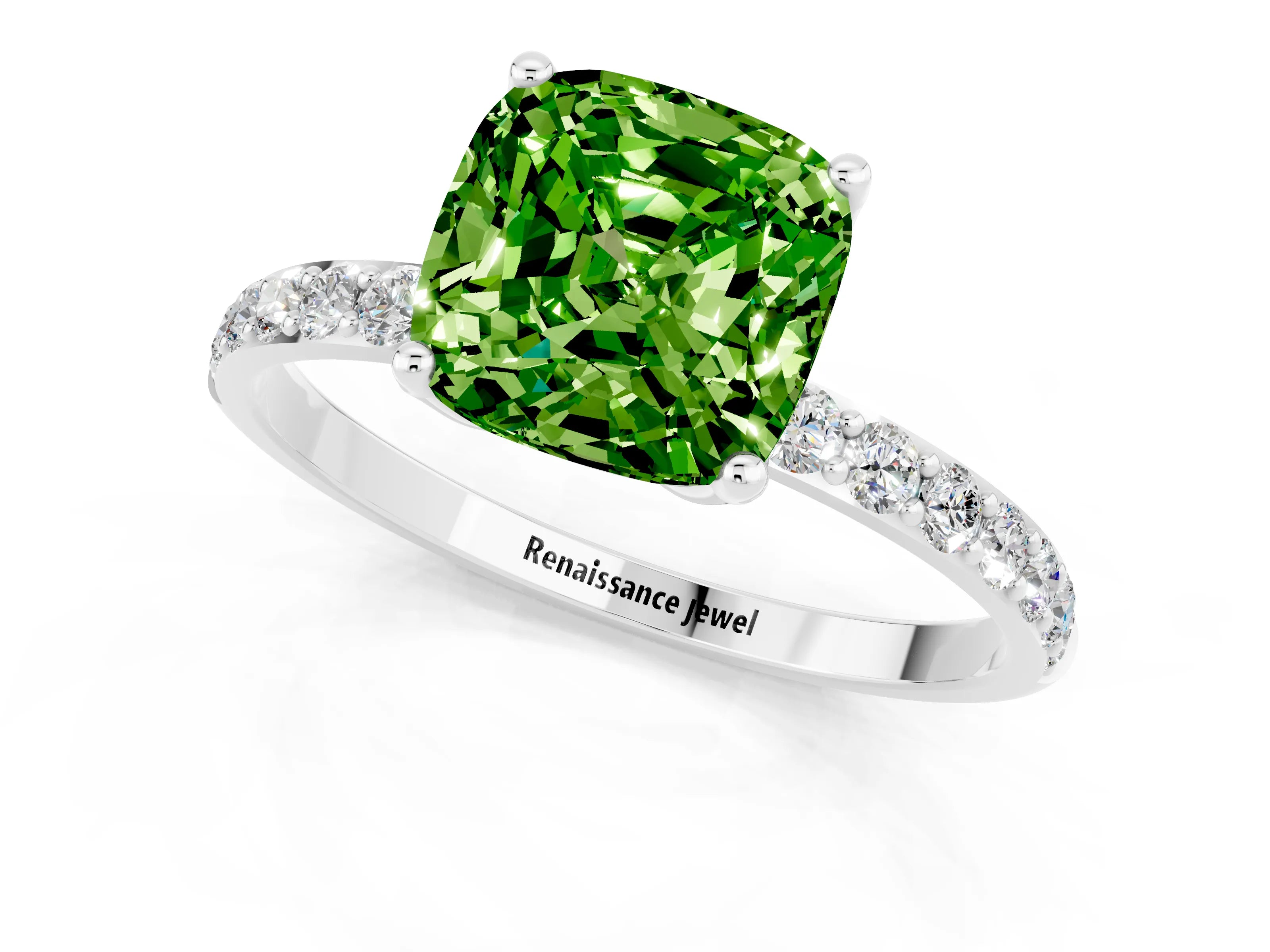 White gold Cushion Cut Peridot Solitaire Engagement Ring with Pavé Band and Prong Setting_1