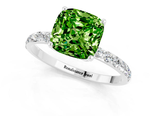Silver Cushion Cut Peridot Solitaire Engagement Ring with Round  Pavé Band and Prong Setting