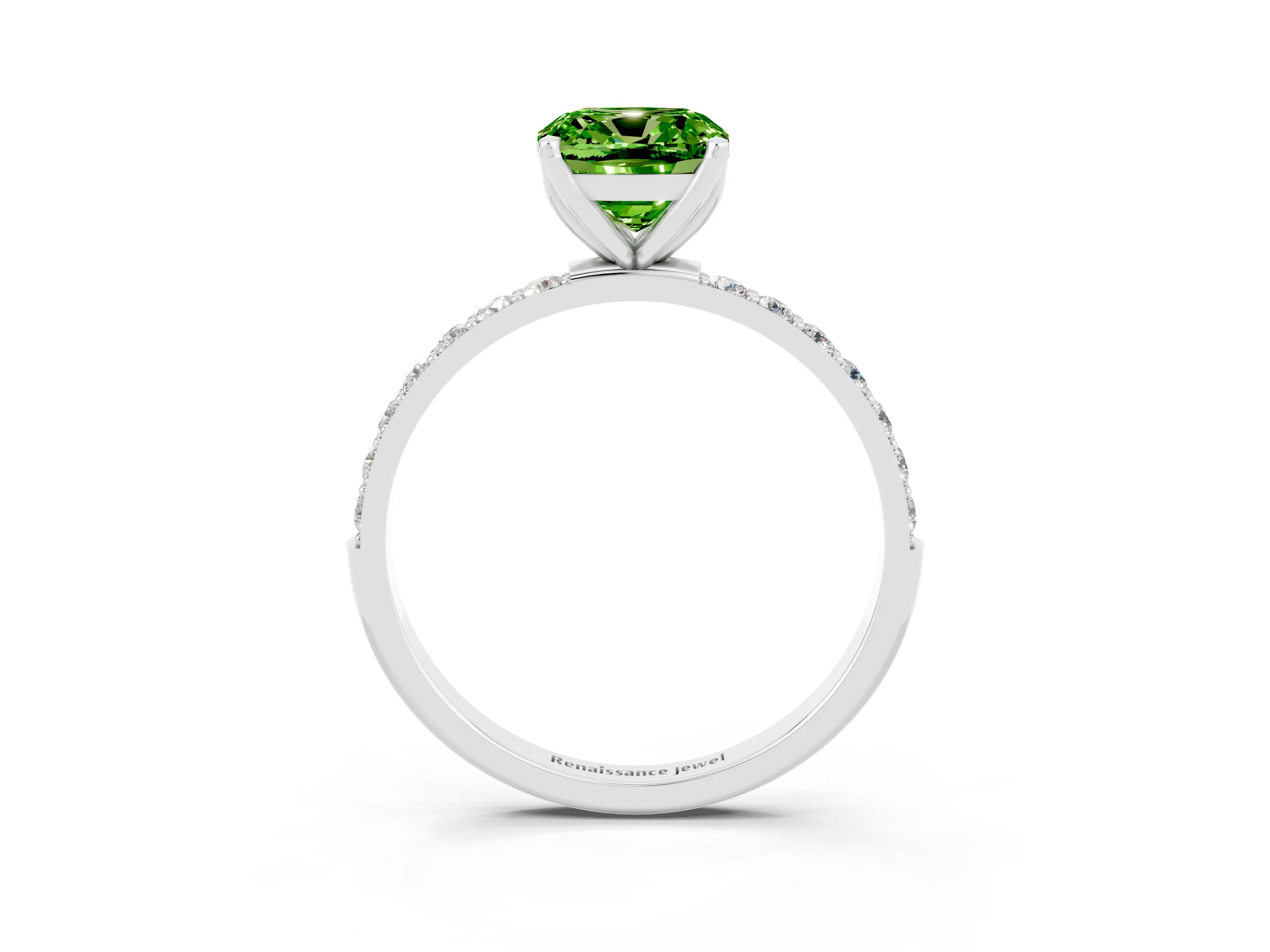 White gold Cushion Cut Peridot Solitaire Engagement Ring with Pavé Band and Prong Setting_3