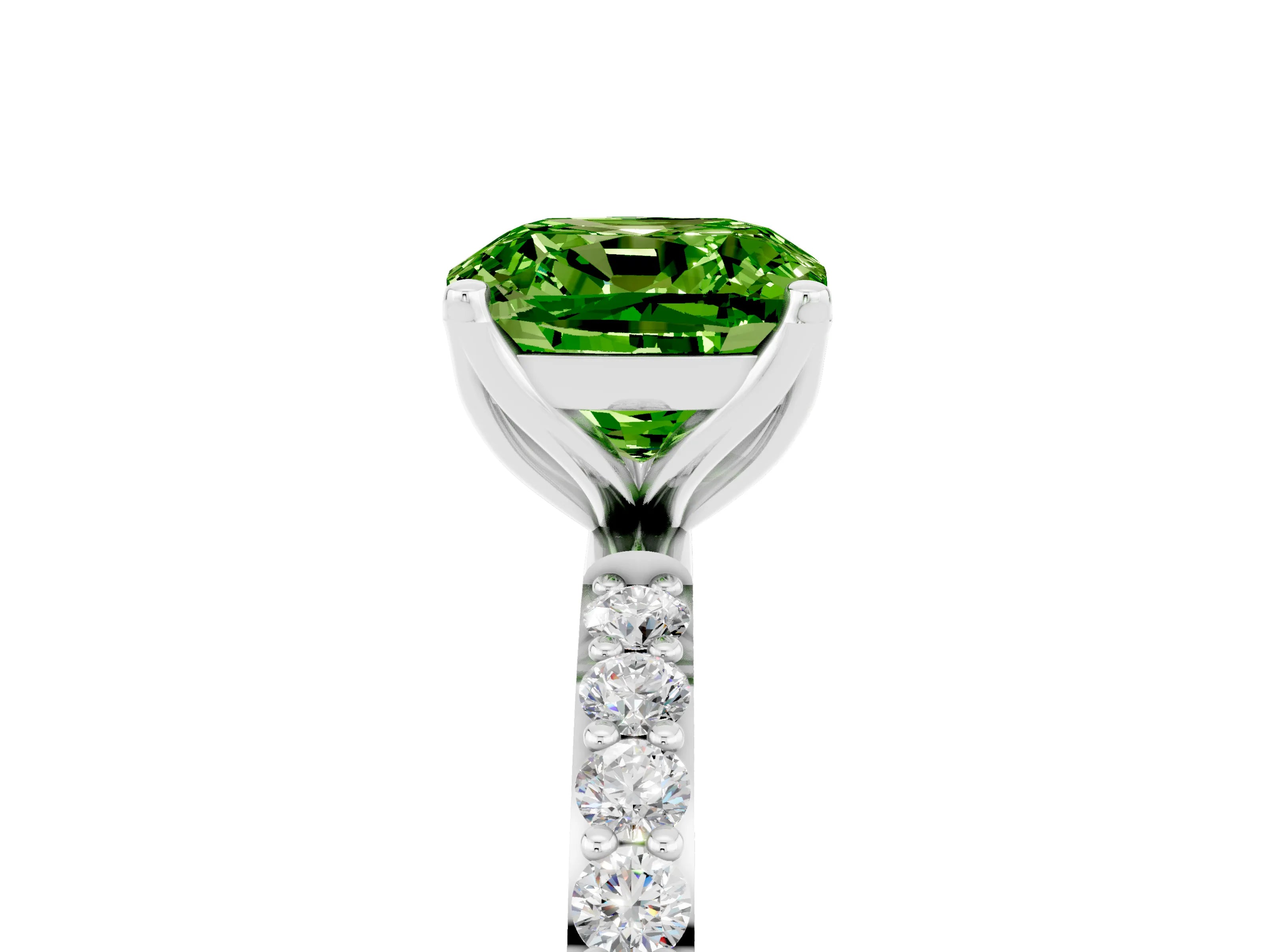 White gold Cushion Cut Peridot Solitaire Engagement Ring with Pavé Band and Prong Setting_5