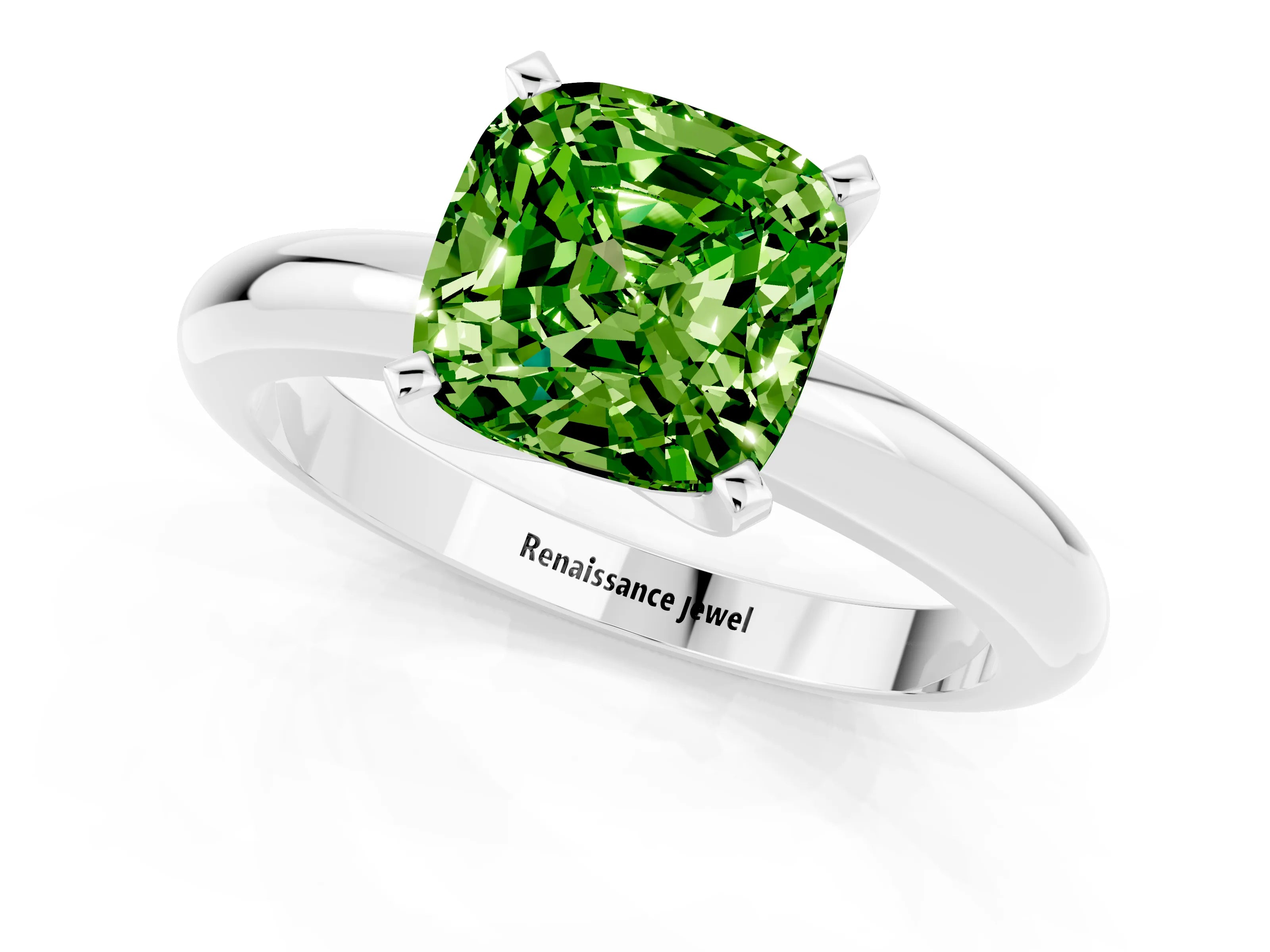 White gold Cushion Cut Peridot Solitaire Engagement Ring with Round Band and Four-Prong Setting_1