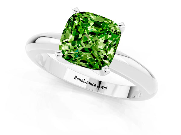 Platinum Cushion Cut Peridot Solitaire Engagement Ring with Round Band and Four-Prong Setting