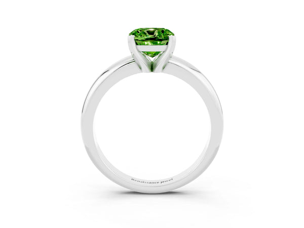 Platinum Cushion Cut Peridot Solitaire Engagement Ring with Round Band and Four-Prong Setting